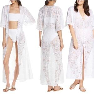 SOMETHING NAVY WHITE LACE MAXI SWIM COVERUP